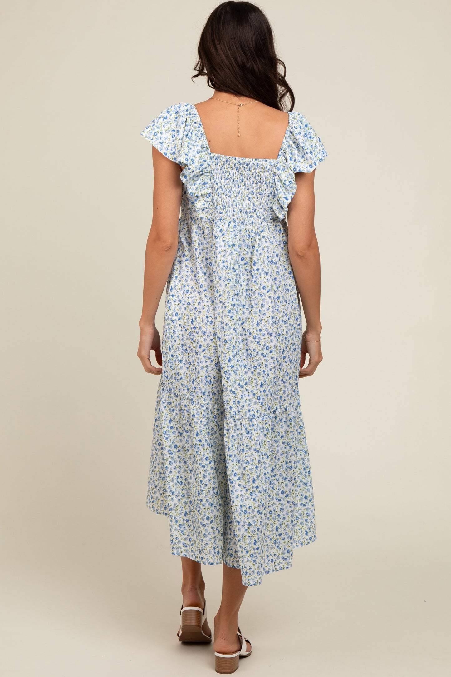 Blue Floral Ruffle Off Shoulder Midi Dress