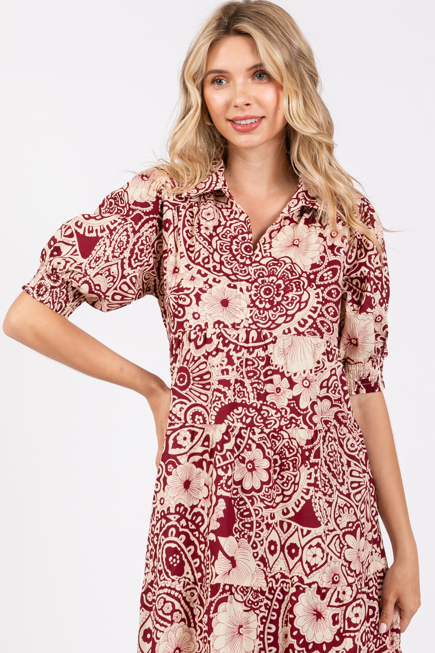 Burgundy Floral Collared Tiered Midi Dress