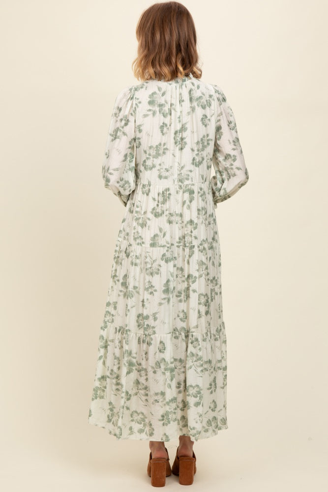 Olive Floral Button Front Tiered Long Sleeve Maxi Dress