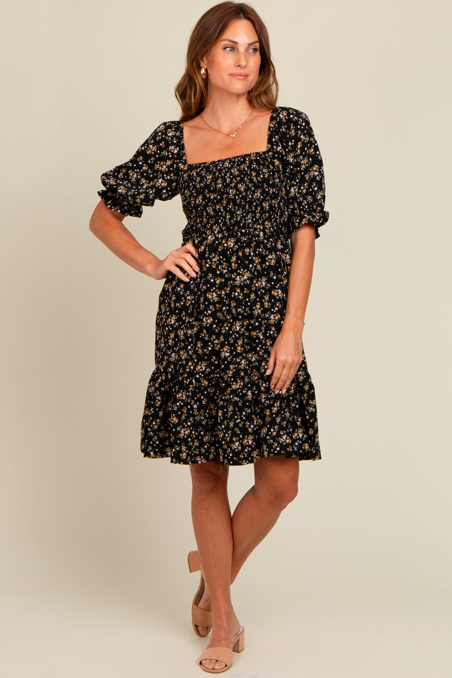 Black Floral Smocked Puff Sleeve Dress
