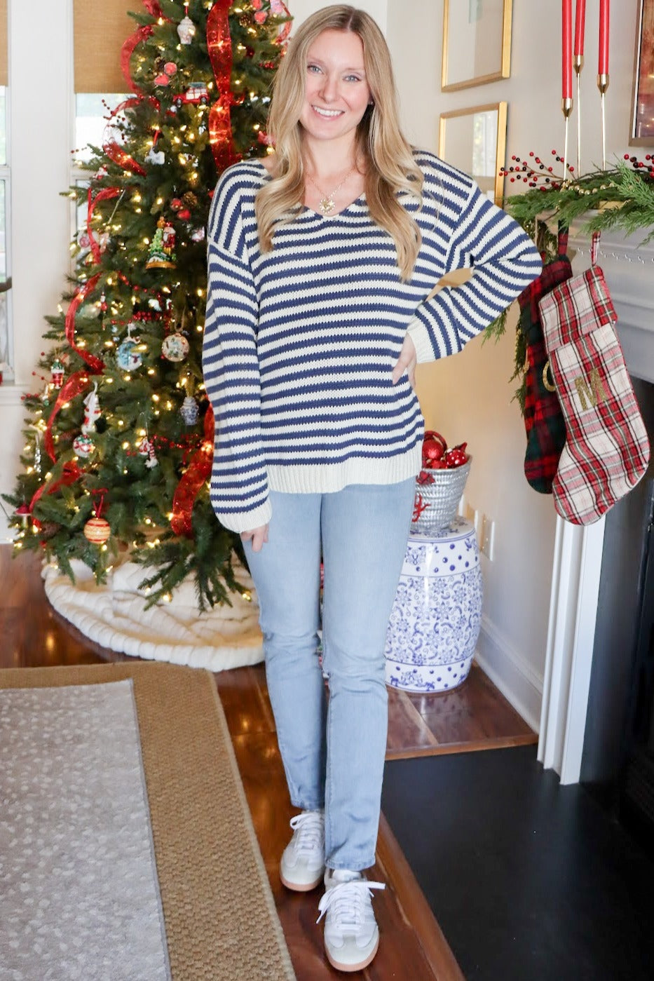 Navy Striped Relaxed Fit V-Neck Sweater