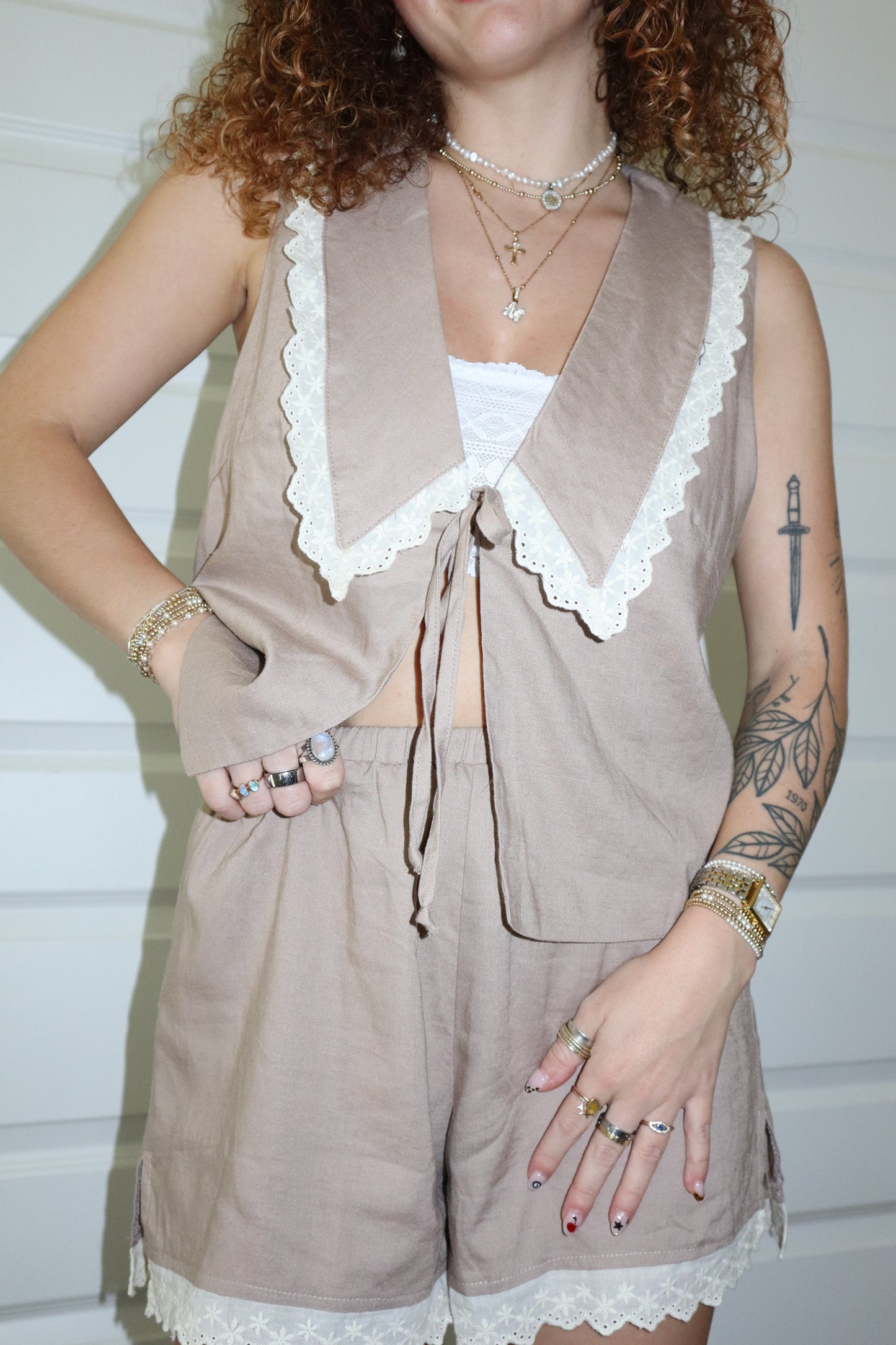 Brown Wide Collared Front Tie Lace Trim Top & Shorts Set