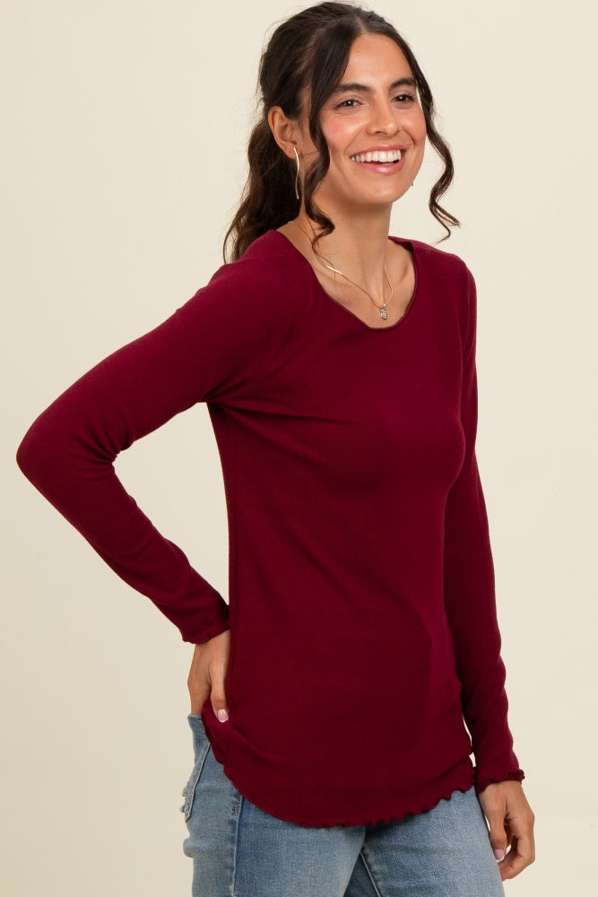 Burgundy Ribbed Knit Long Sleeve Lettuce Hem Top