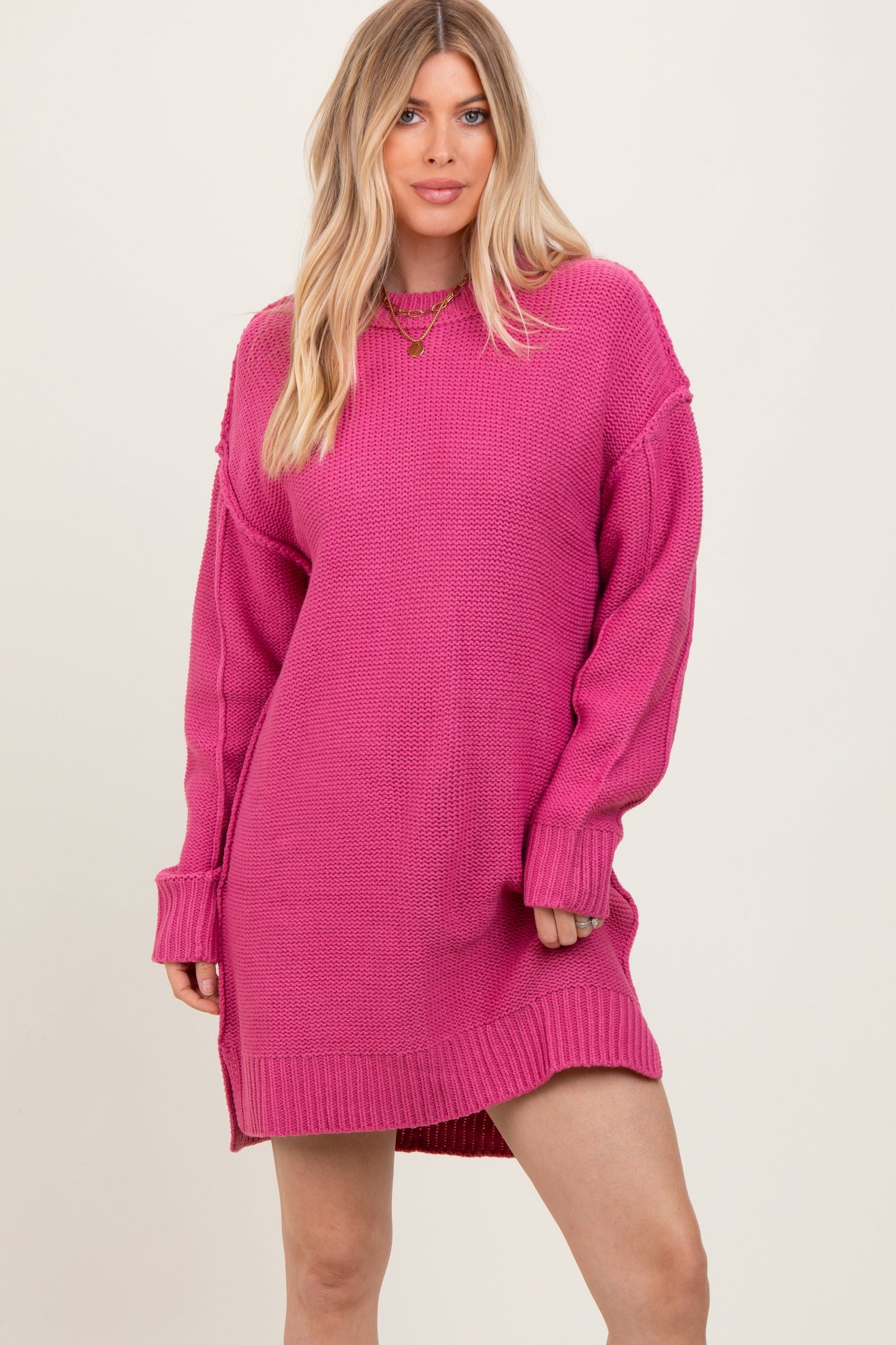Dark Pink Exposed Seam Oversized Maternity Sweater Dress