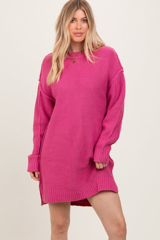 Dark Pink Exposed Seam Oversized Sweater Dress