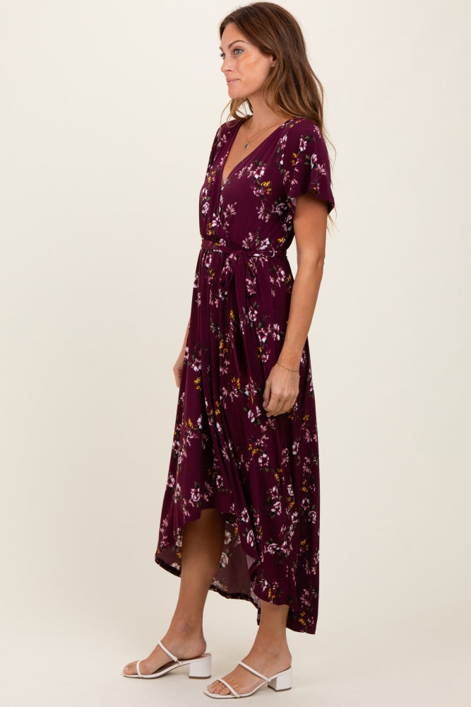 Burgundy Floral Short Sleeve Wrap Hi-Low Maxi Dress