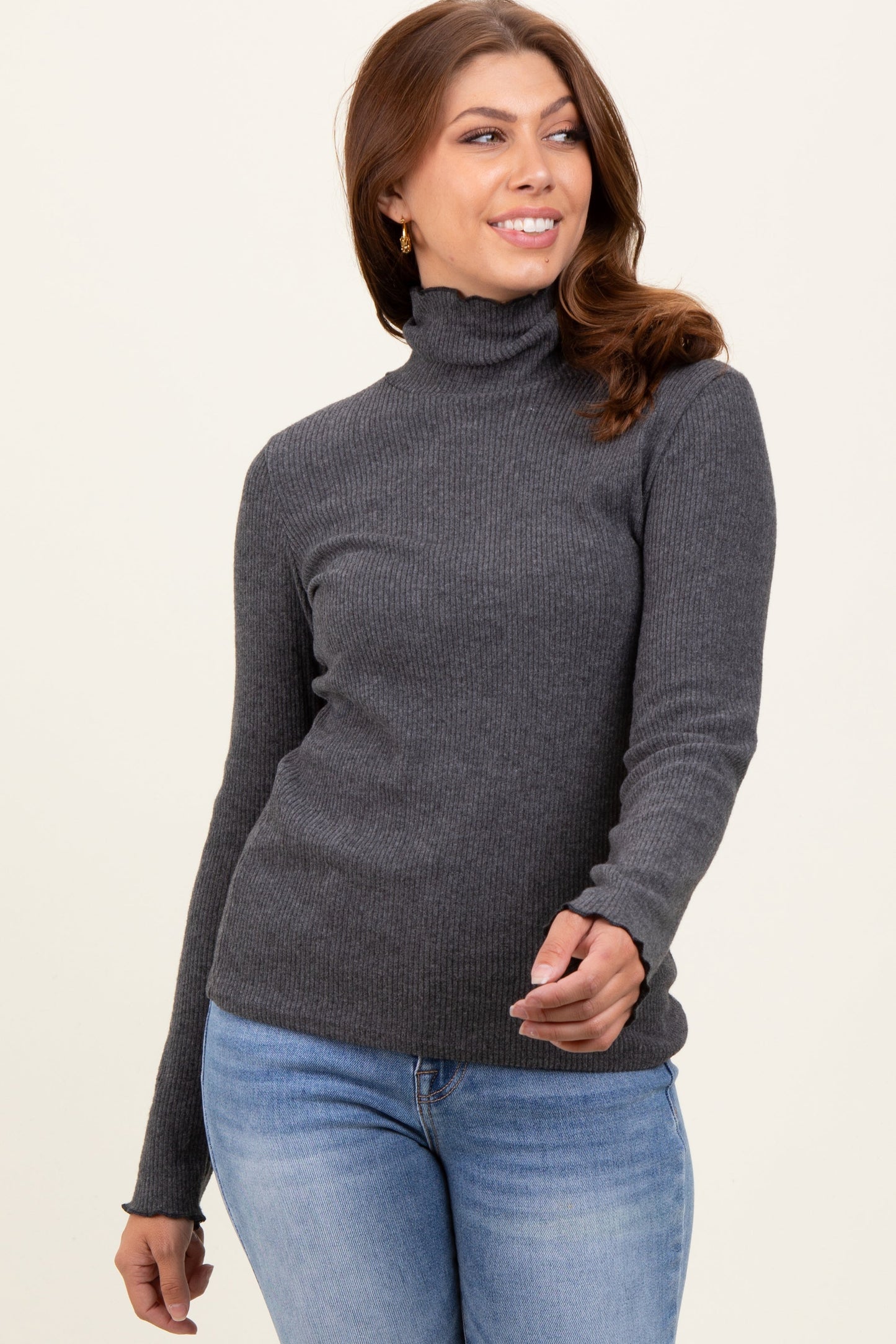 Charcoal Ribbed Knit Ruffle Edge Turtleneck Top