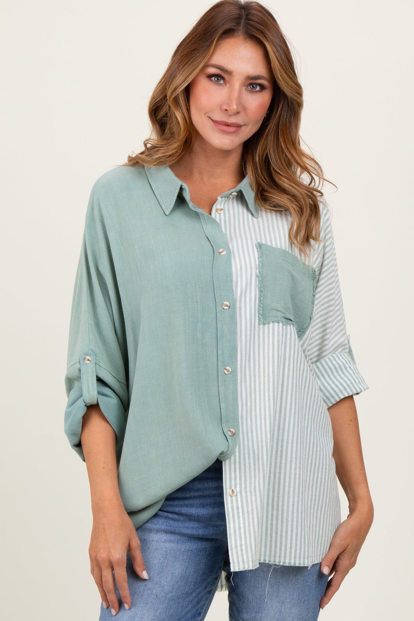 Light Olive Colorblock Stripe Oversized Maternity Button Down