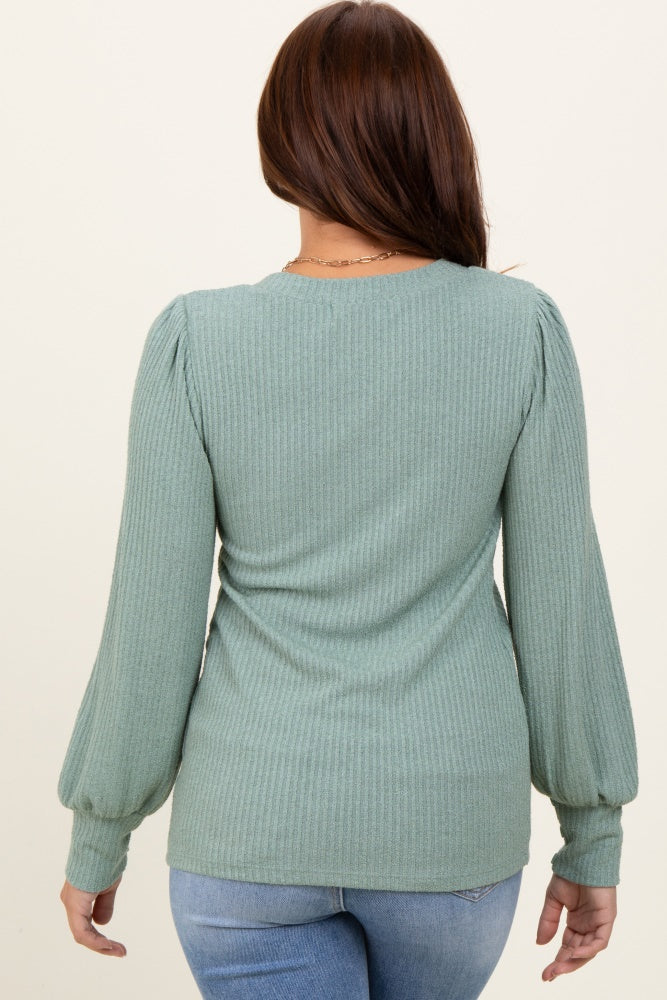 Light Olive Ribbed Knit V-Neck Button Cuff Top