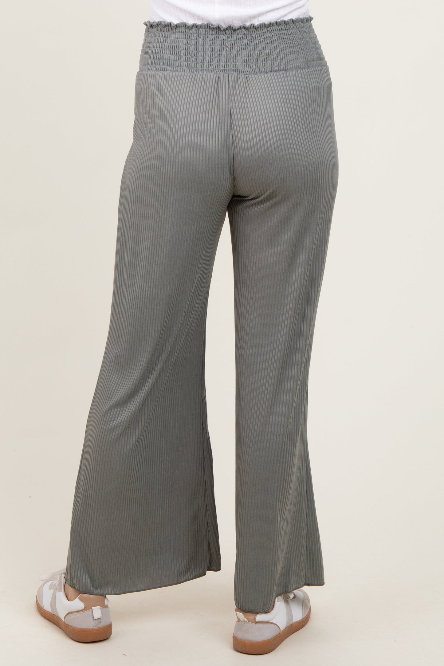 Olive Ribbed Smocked Waistband Wide Leg Pants