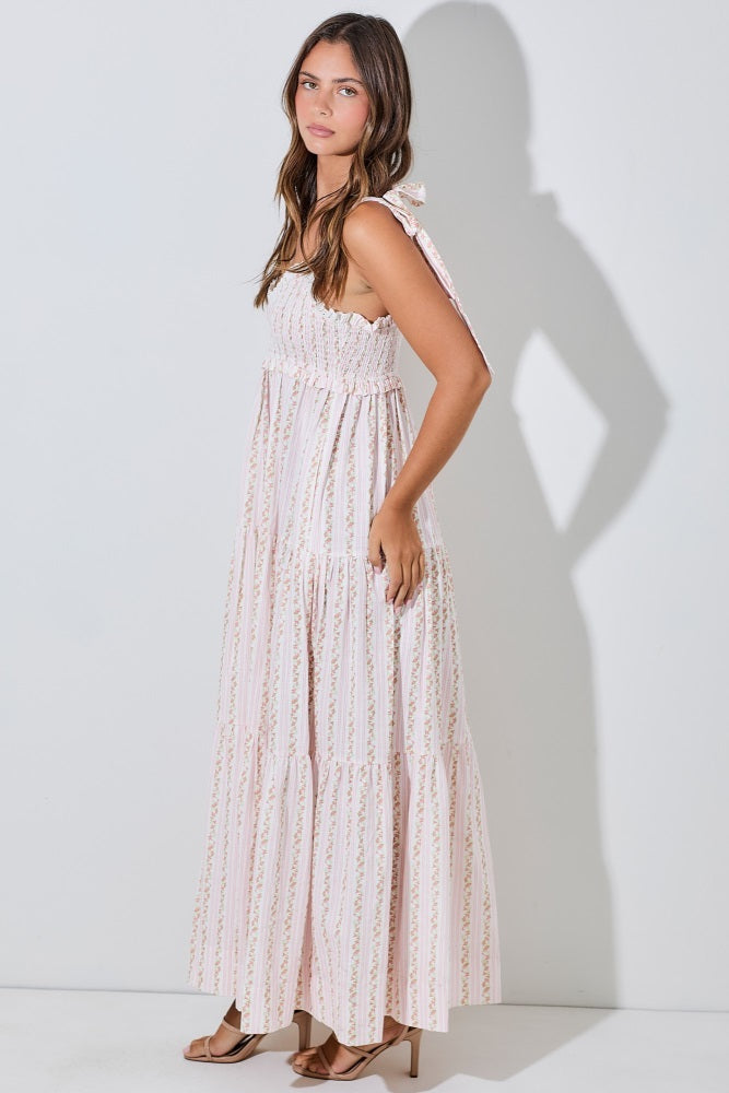 Pink Floral Striped Smocked Shoulder Tie Maxi Dress
