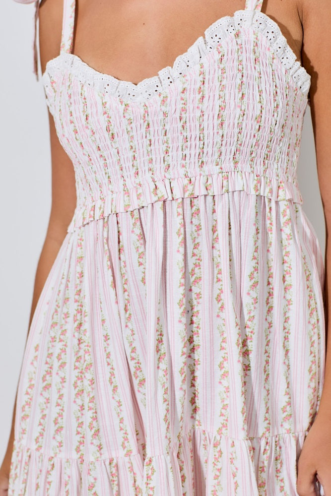 Pink Floral Striped Smocked Shoulder Tie Maxi Dress