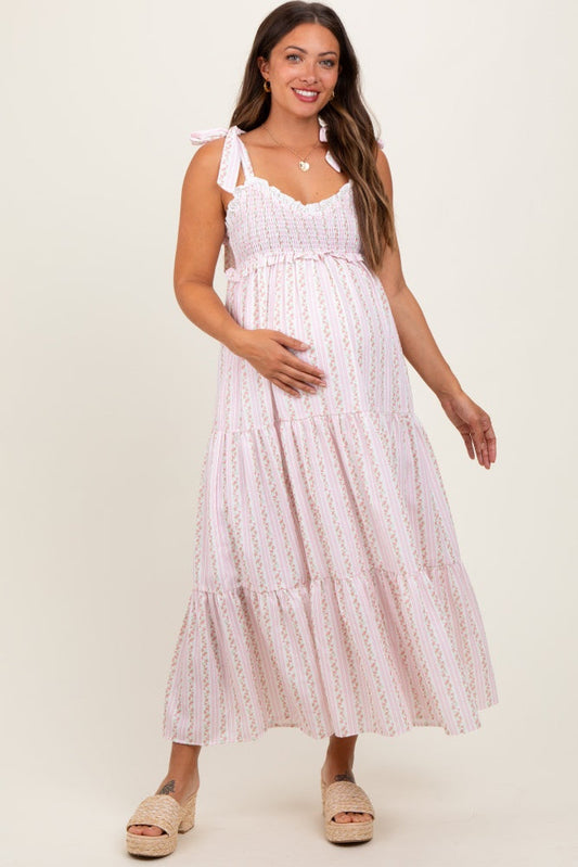 Pink Floral Striped Smocked Shoulder Tie Maternity Maxi Dress