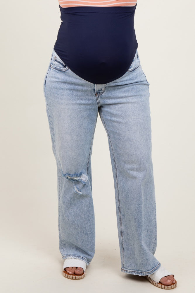 Light Blue Acid Wash Open Knee Wide Leg Maternity Plus Jeans