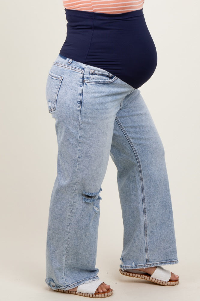 Light Blue Acid Wash Open Knee Wide Leg Maternity Plus Jeans