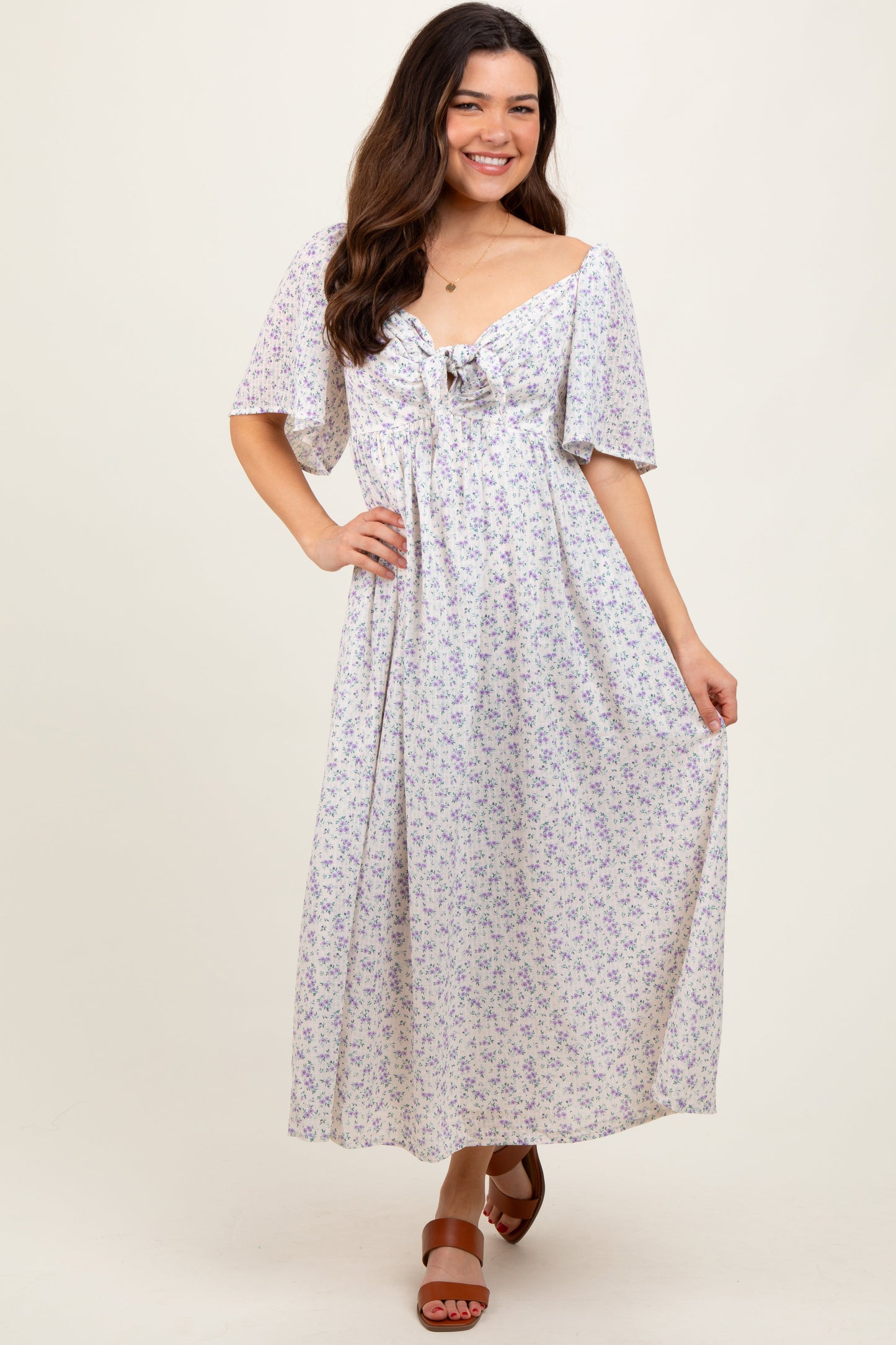 Lavender Floral Front Tie Maternity Midi Dress