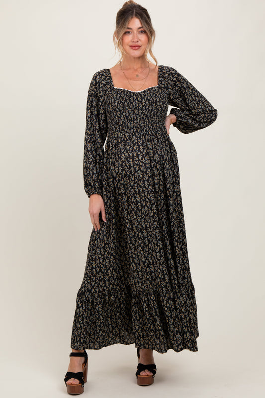 Black Floral Smocked Lace Trim Sweetheart Maternity Maxi Dress