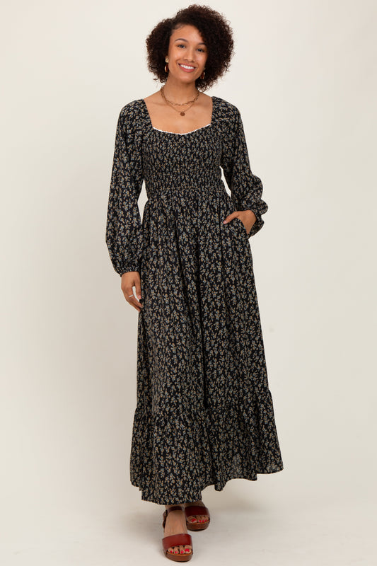 Black Floral Smocked Lace Trim Sweetheart Maxi Dress