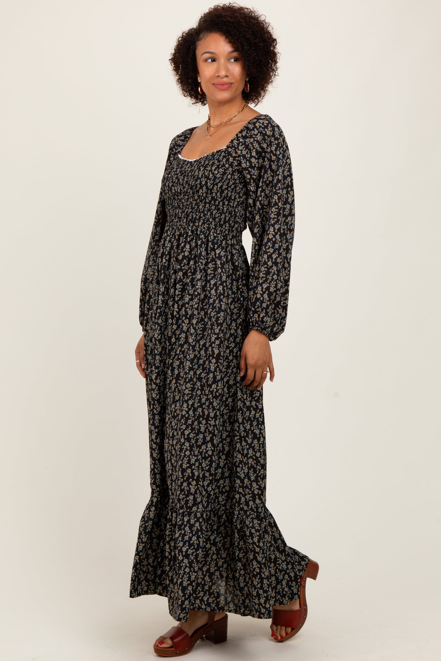 Black Floral Smocked Lace Trim Sweetheart Maxi Dress