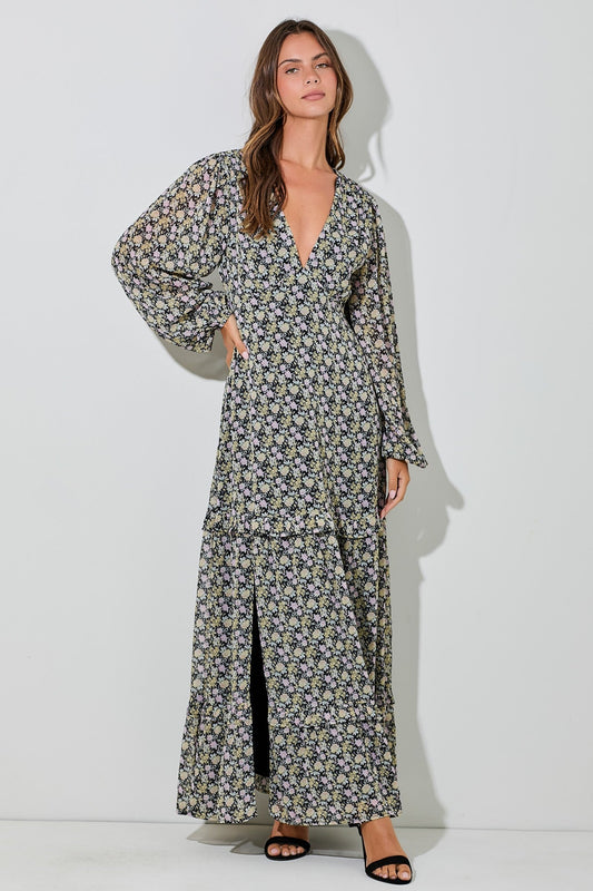 Black Floral Chiffon V-Neck Ruffle Tiered Maxi Dress