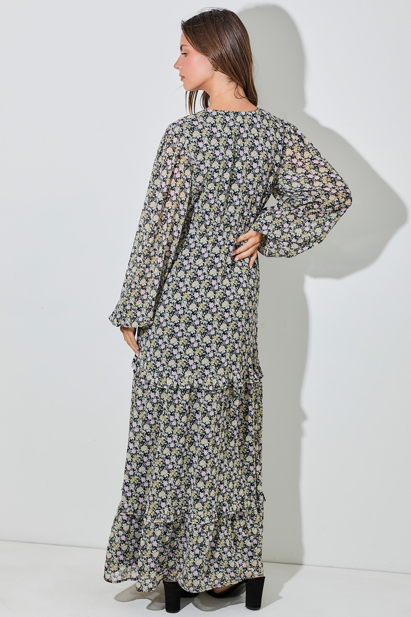 Black Floral Chiffon V-Neck Ruffle Tiered Maxi Dress