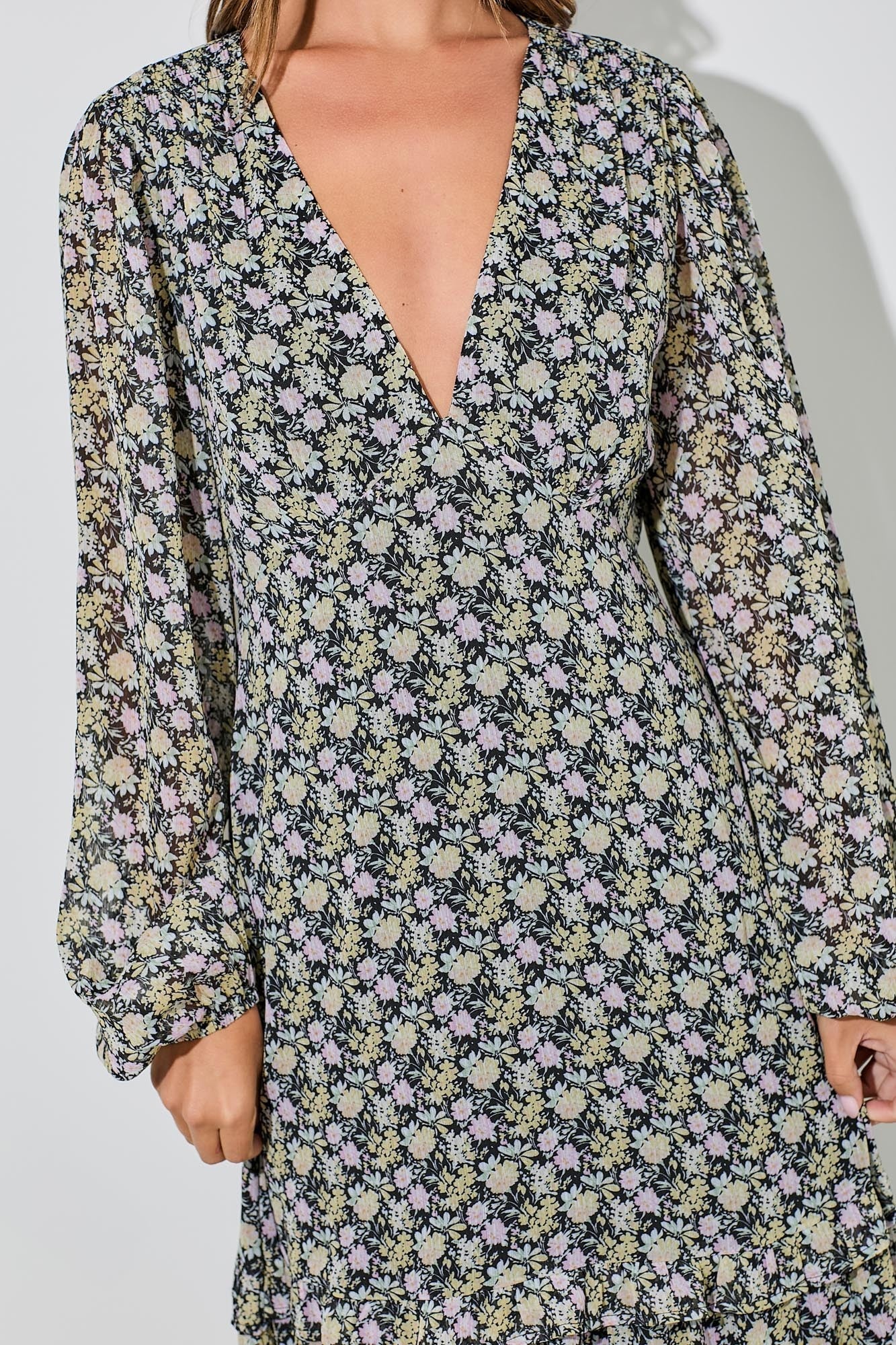 Black Floral Chiffon V-Neck Ruffle Tiered Maxi Dress