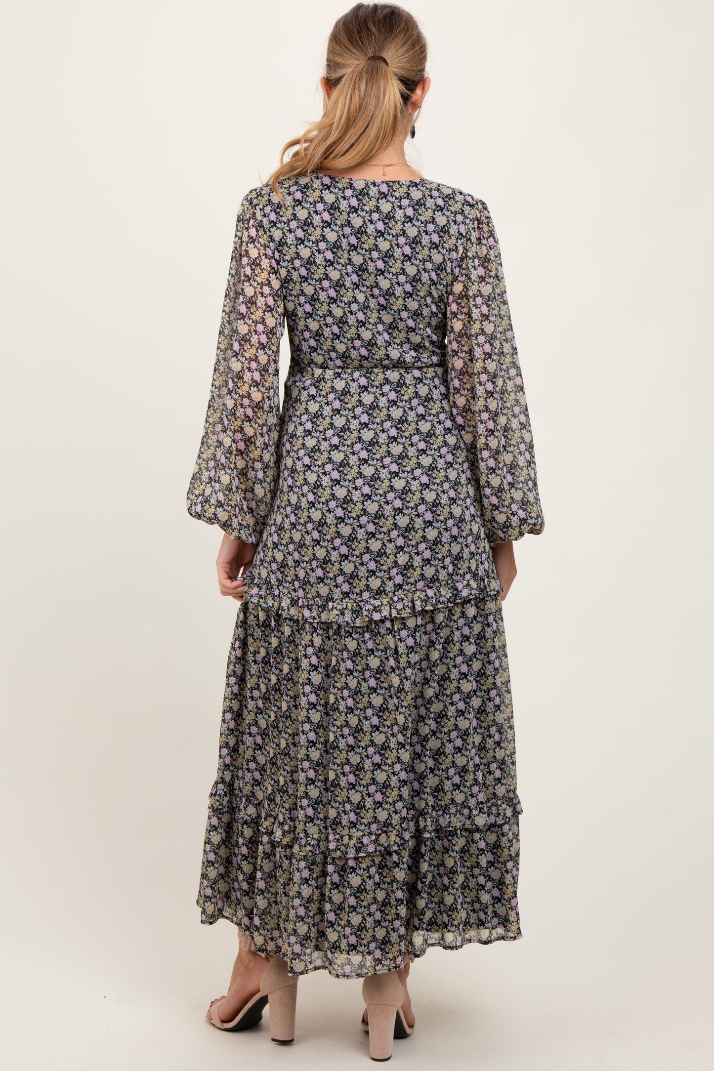 Black Floral Chiffon V-Neck Ruffle Tiered Maternity Maxi Dress