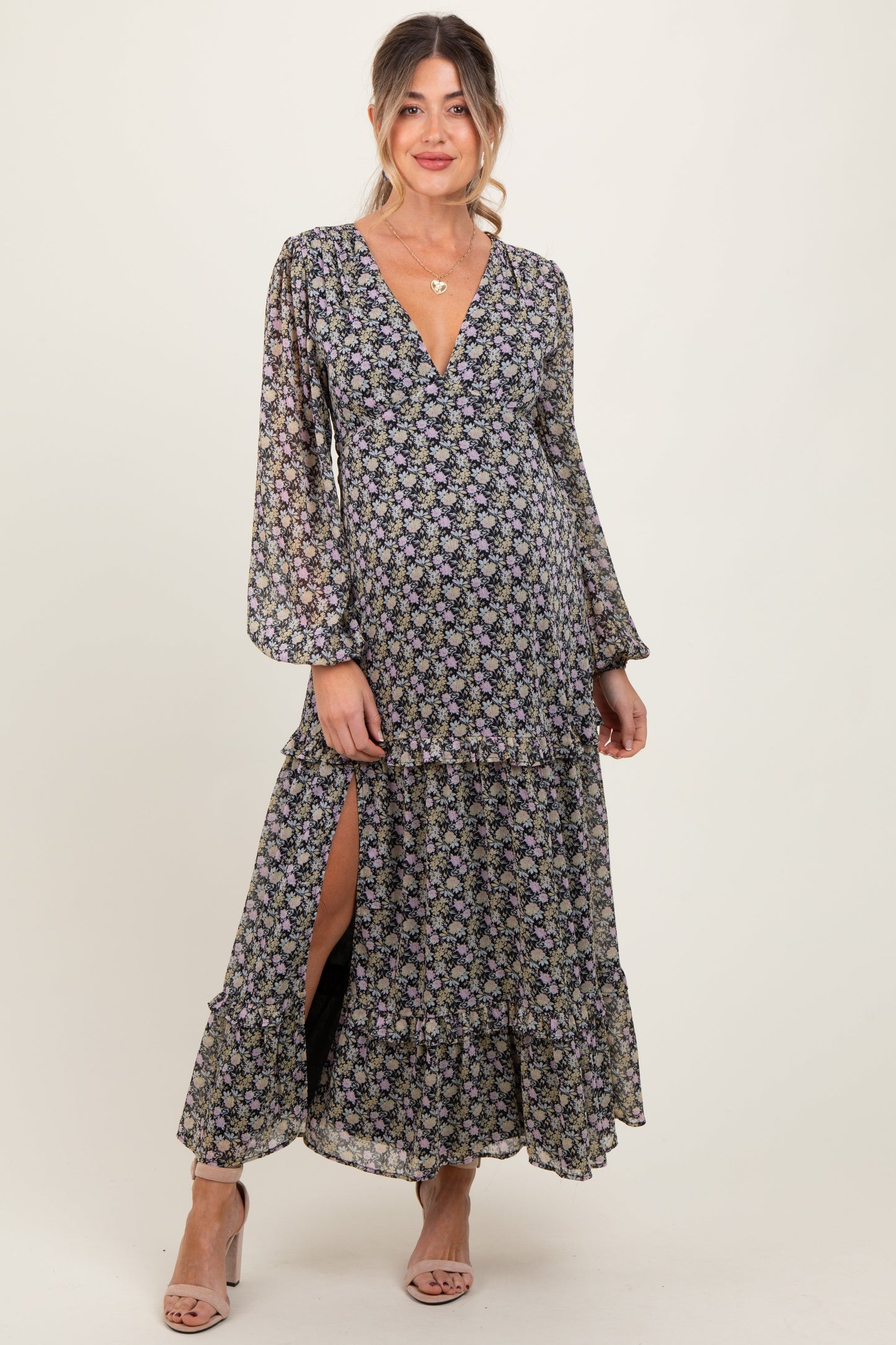 Black Floral Chiffon V-Neck Ruffle Tiered Maternity Maxi Dress