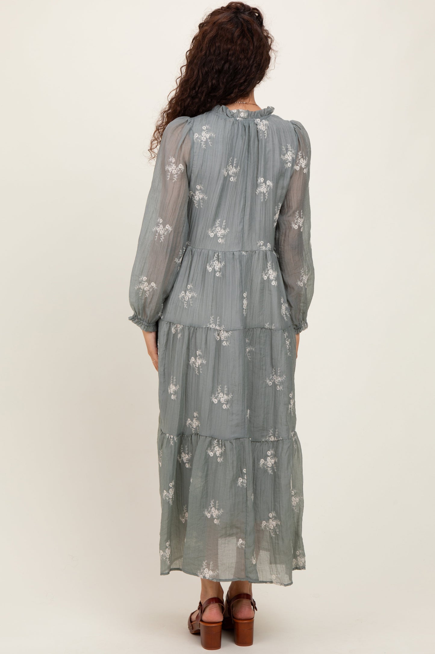 Gray Embroidered Tassel Tie Tiered Midi Dress
