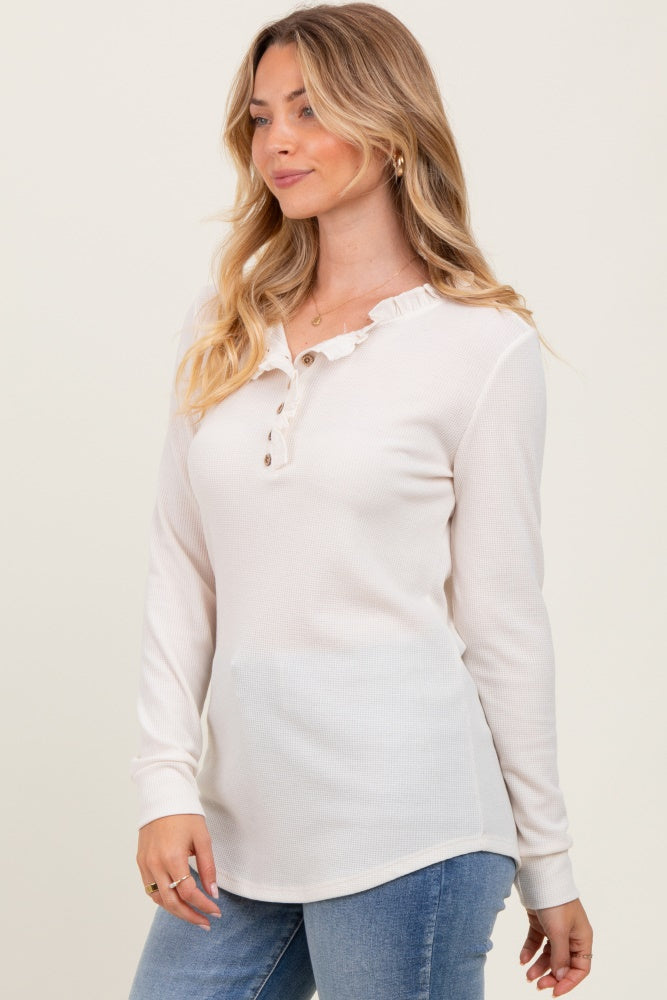Cream Ruffle Collar Micro Waffle Knit Henley Top