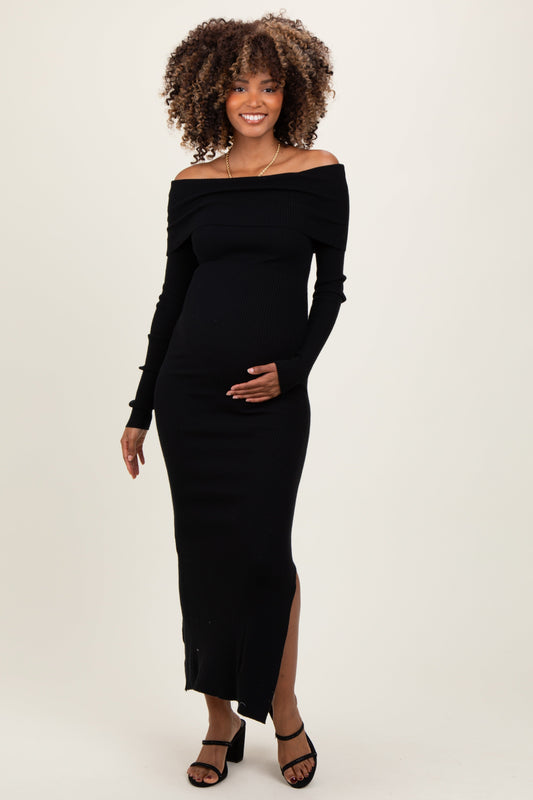 Black Ribbed Knit Off Shoulder Side Slit Maternity Sweater Dress