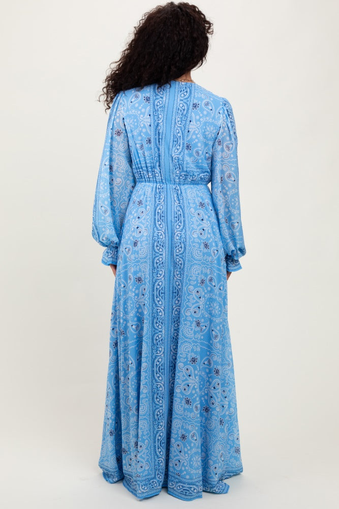 Light Blue Paisley Deep V-Neck Long Sleeve Maxi Dress