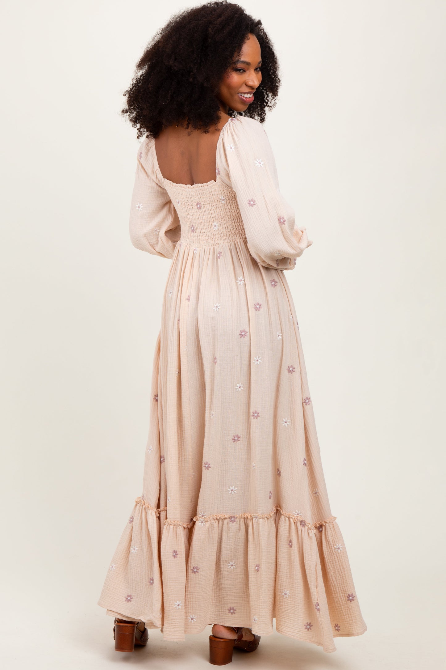 Cream Long Sleeve Floral Accent Dress