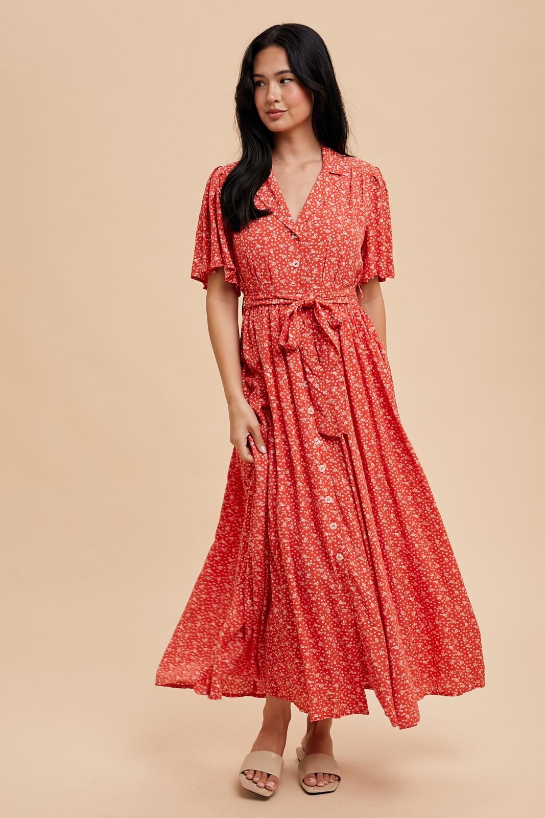 Red Flutter Sleeve Button Down Maternity Maxi Dress