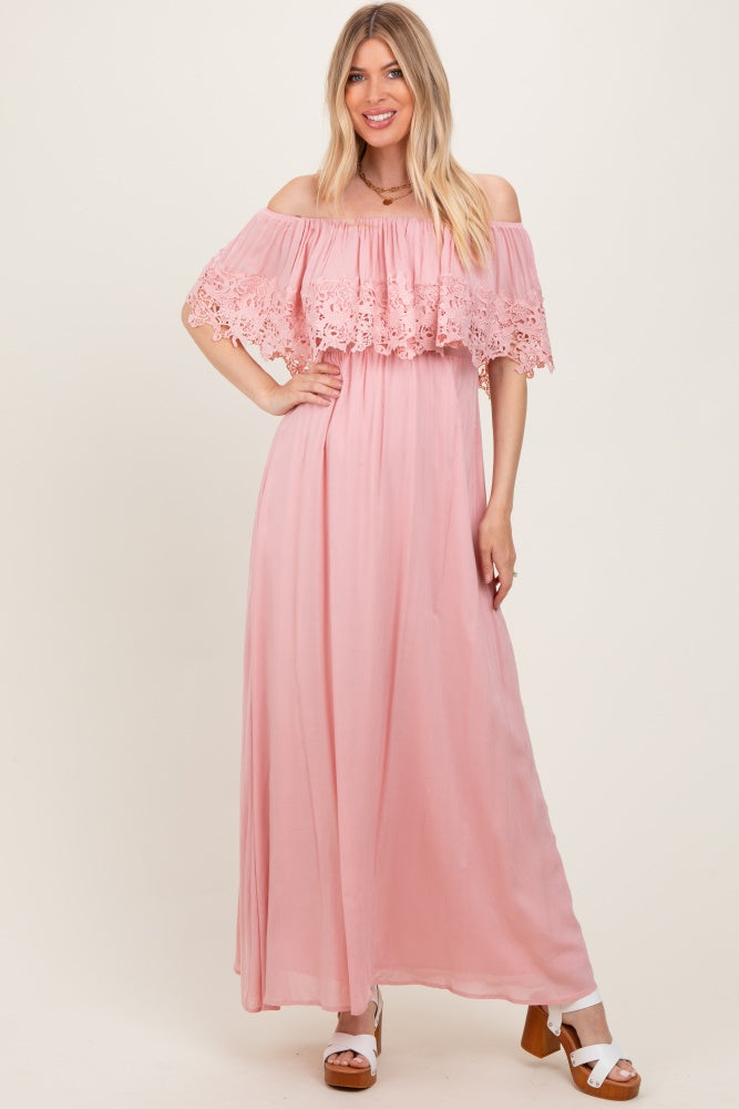 Pink Lace Off Shoulder Maxi Dress