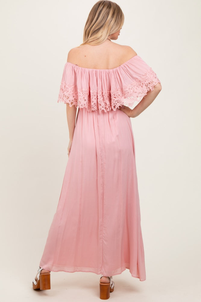Pink Lace Off Shoulder Maxi Dress