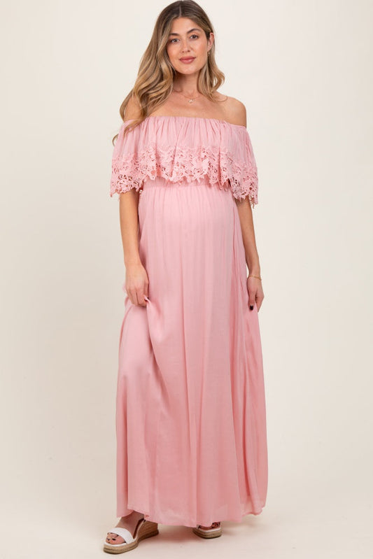 Pink Lace Off Shoulder Maternity Maxi Dress