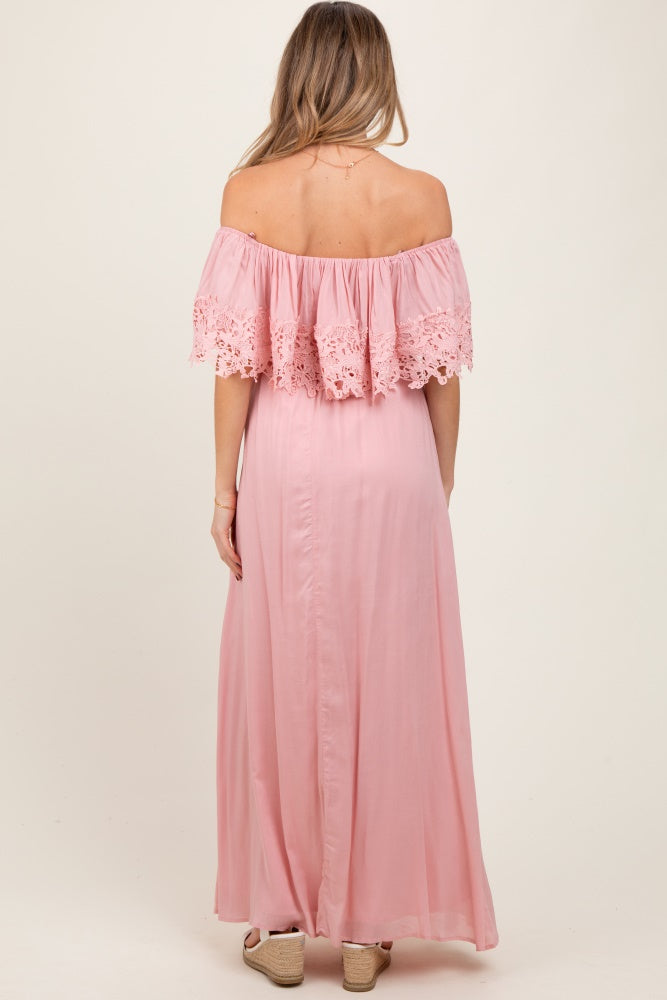 Pink Lace Off Shoulder Maternity Maxi Dress