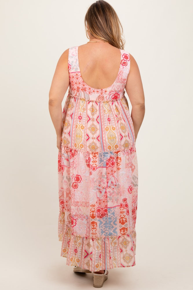 Peach Abstract Printed Plus Maternity Maxi Dress