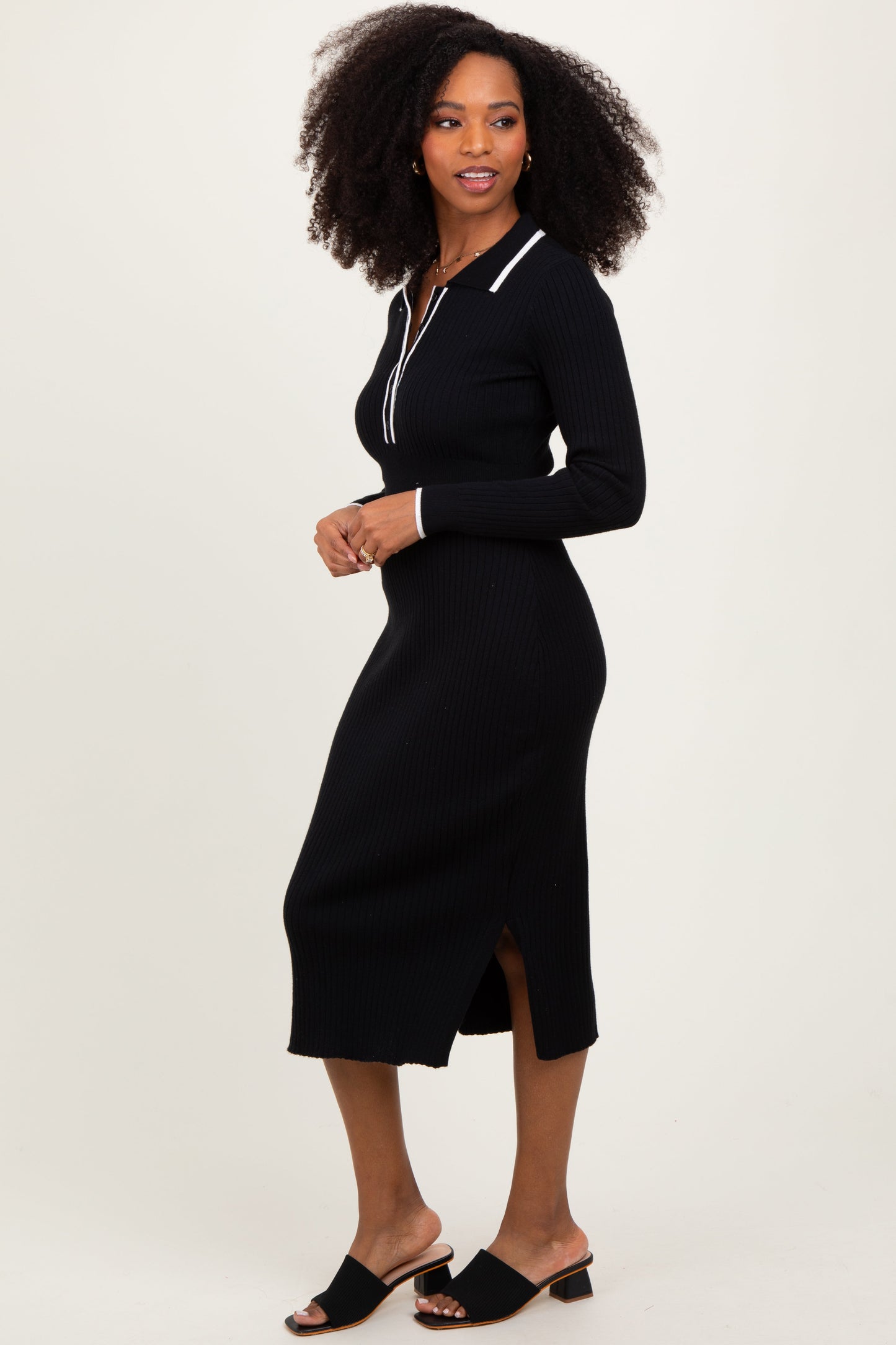 Black White Trim Collared Fitted Dress