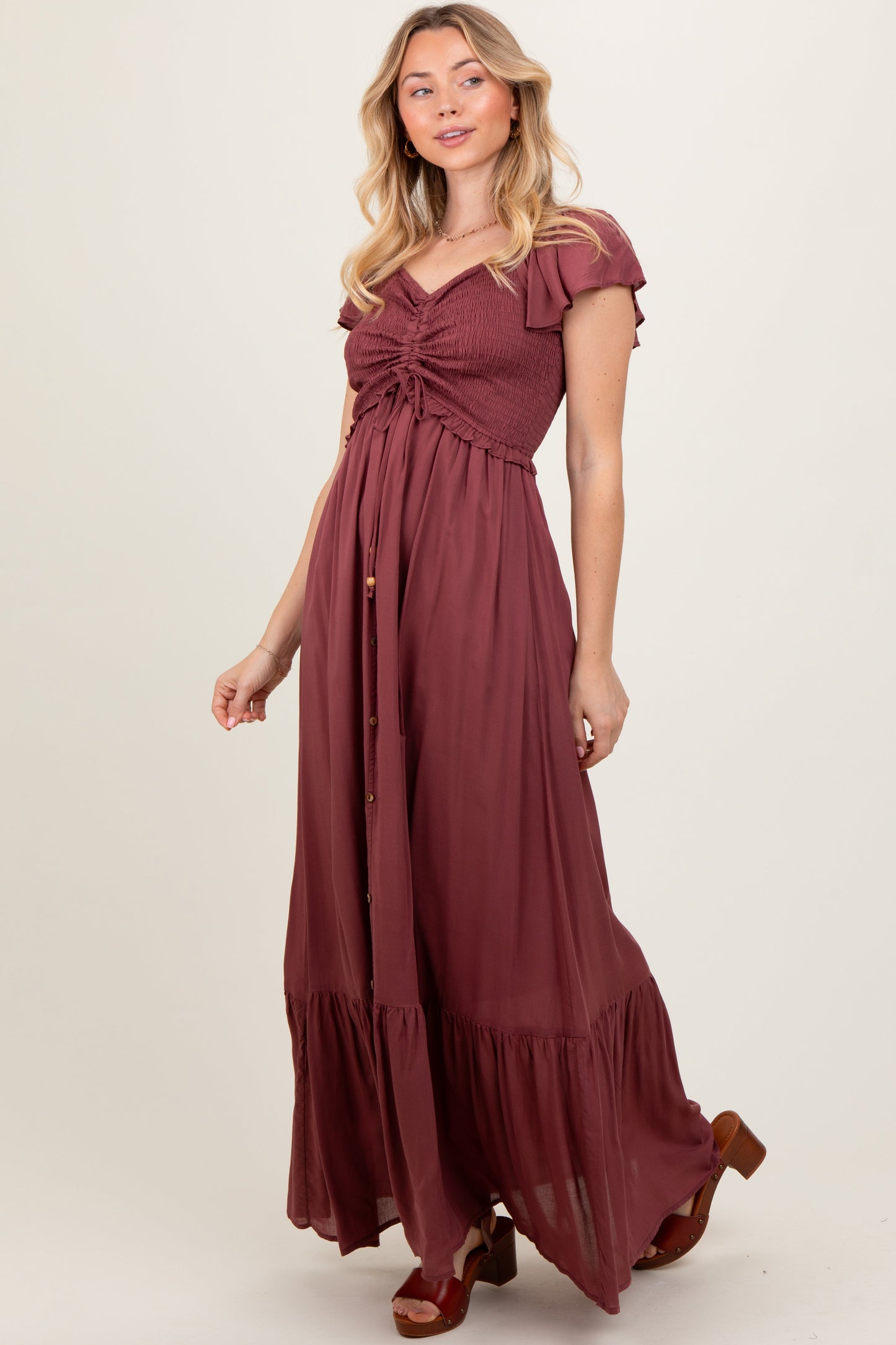 Burgundy Smocked Top Woven Maternity Maxi Dress