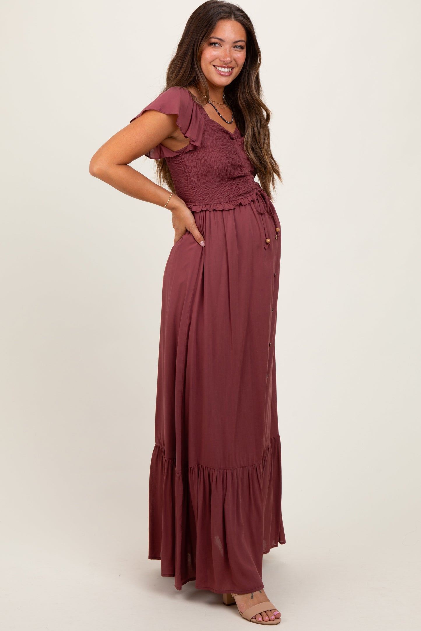 Burgundy Smocked Top Woven Maternity Maxi Dress