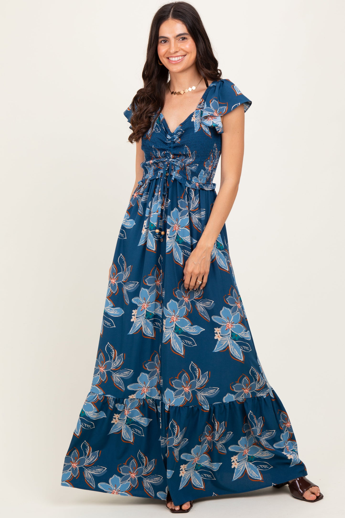 Navy Floral Smocked Cinched Top Maxi Dress