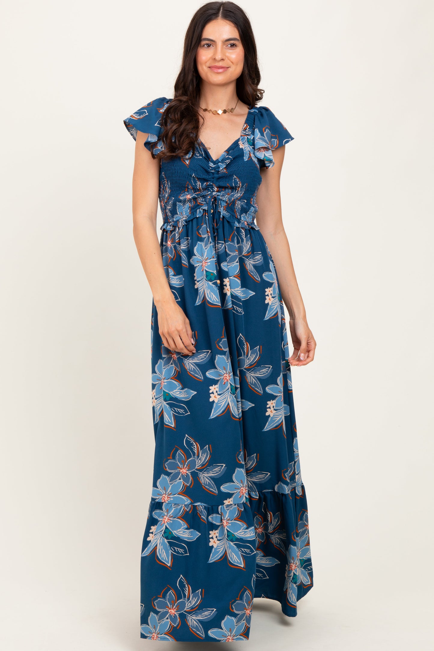 Navy Floral Smocked Cinched Top Maxi Dress