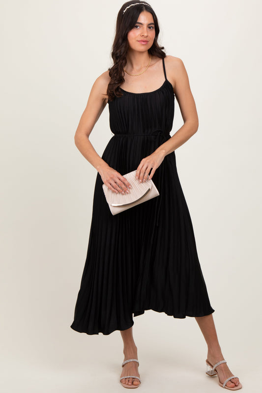 Black Pleated Sash Tie Midi Dress
