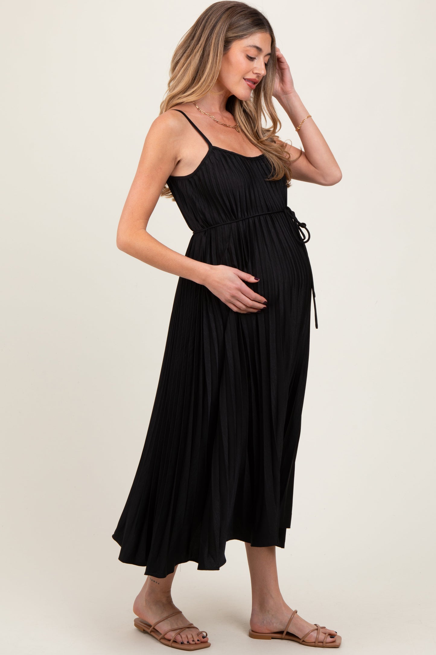 Black Pleated Sash Tie Maternity Midi Dress