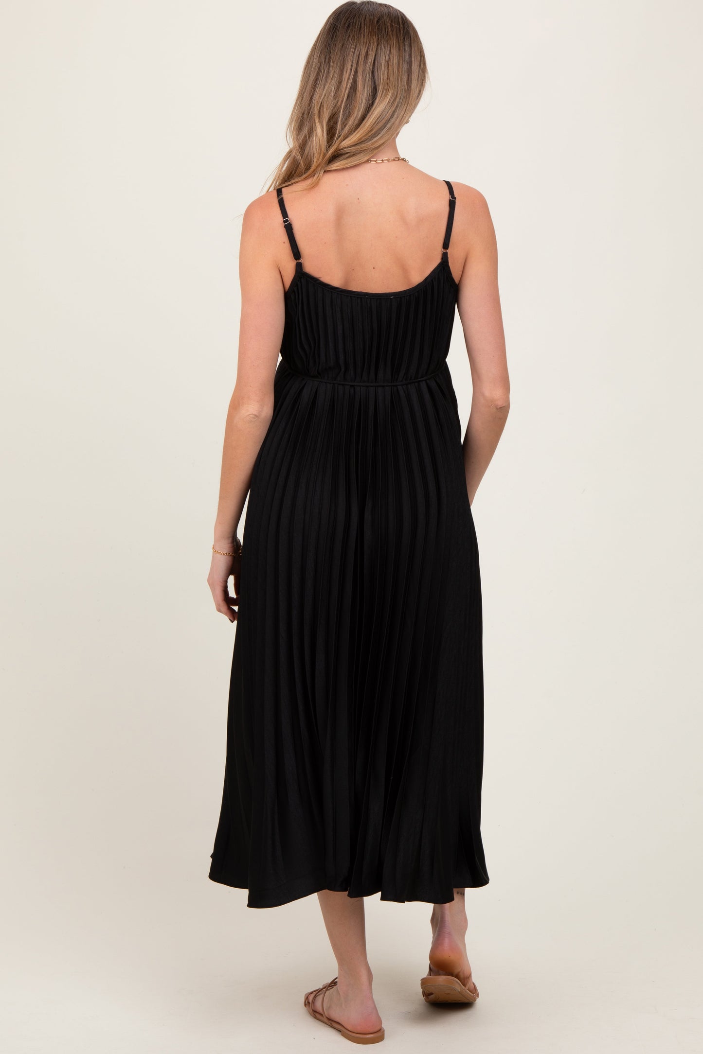 Black Pleated Sash Tie Maternity Midi Dress