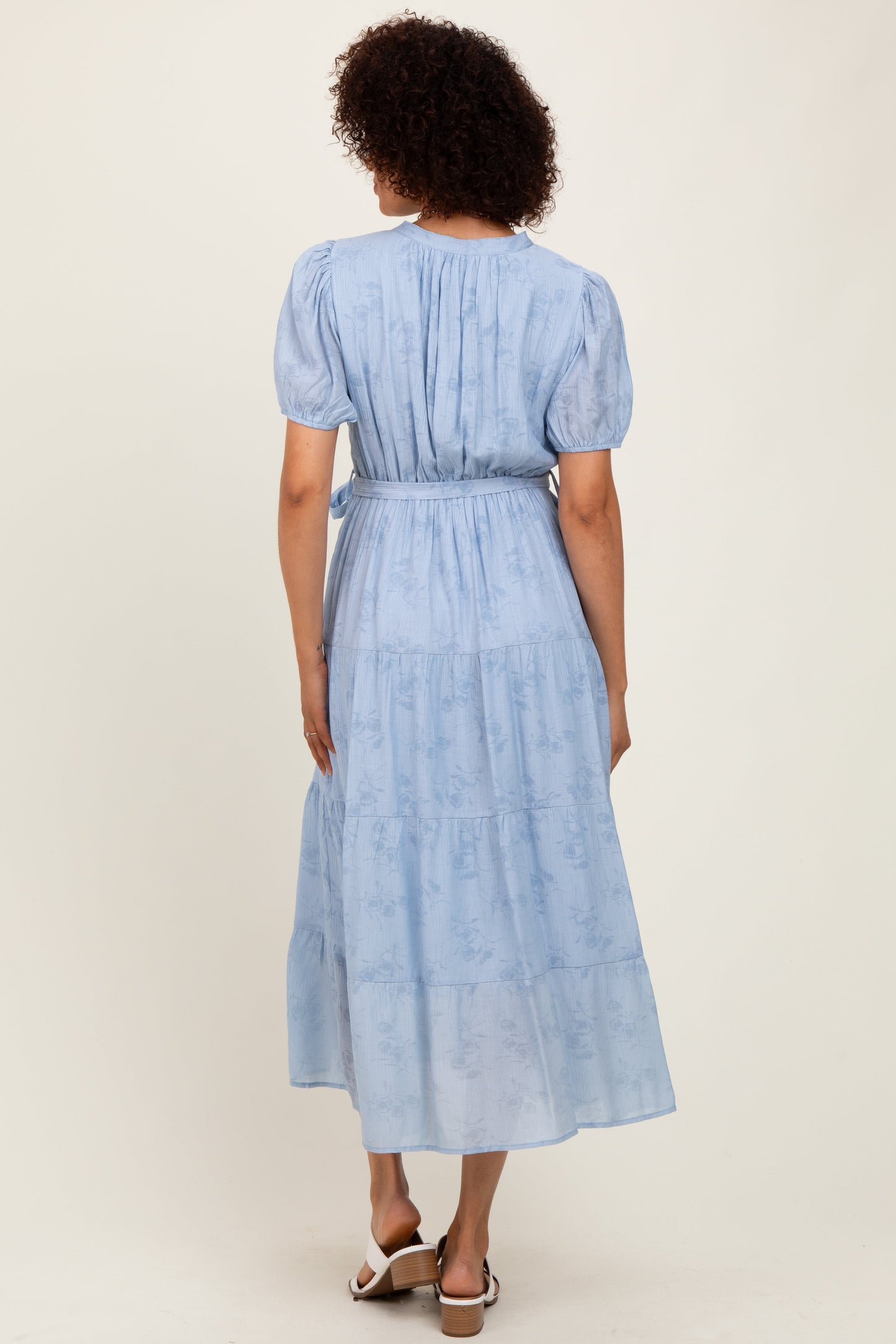 Light Blue Split Neckline Tiered Midi Dress