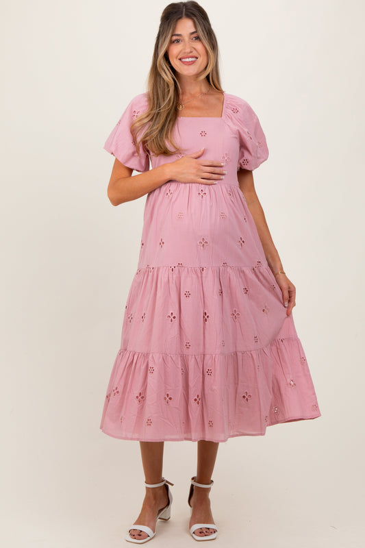 Pink Eyelet Square Neck Maternity Midi Dress