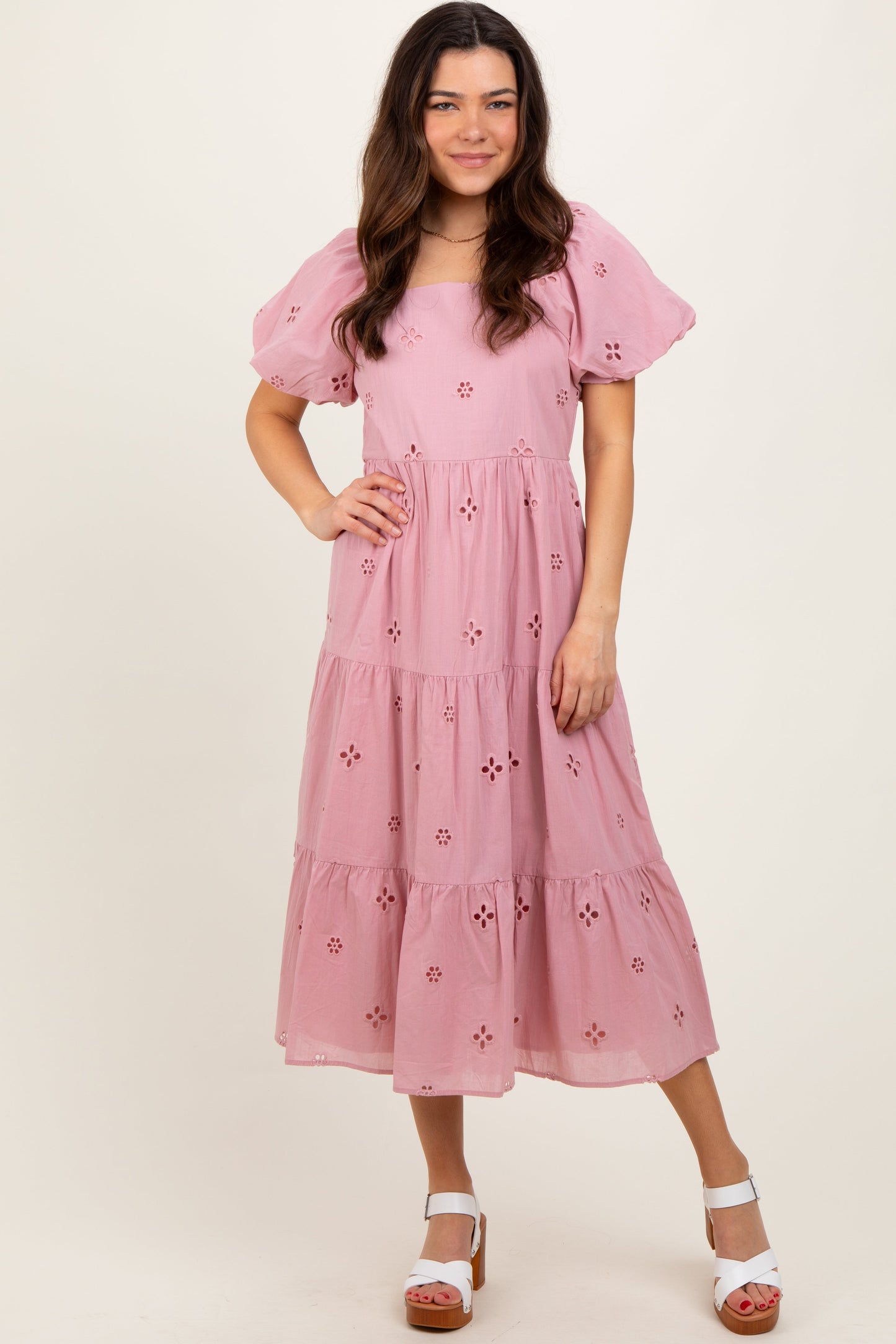 Pink Eyelet Square Neck Midi Dress